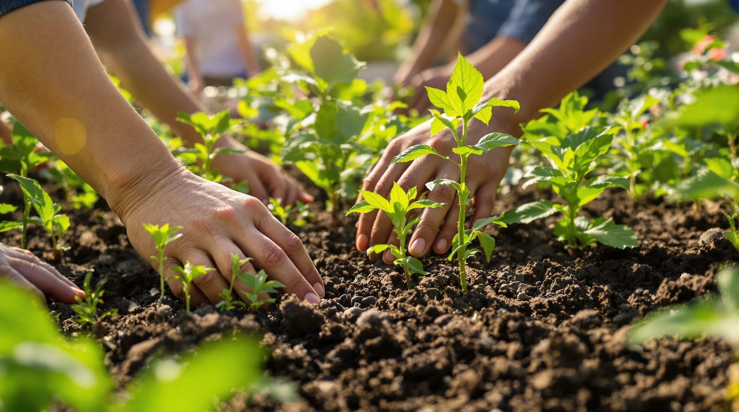 Mains plantant de jeunes plants dans le sol