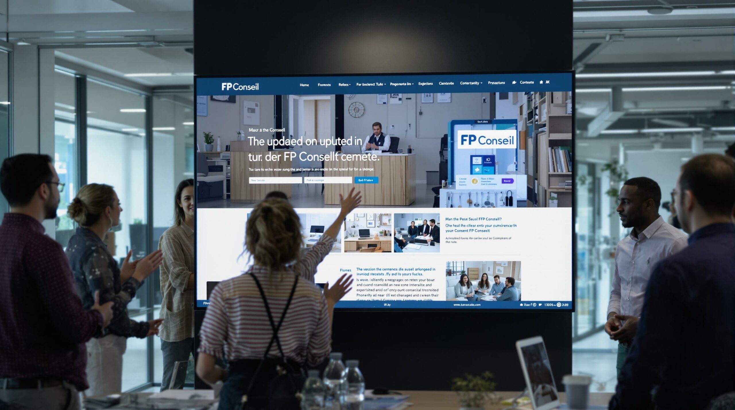 Réunion d'équipe autour d'un écran affichant le site web FP Conseil