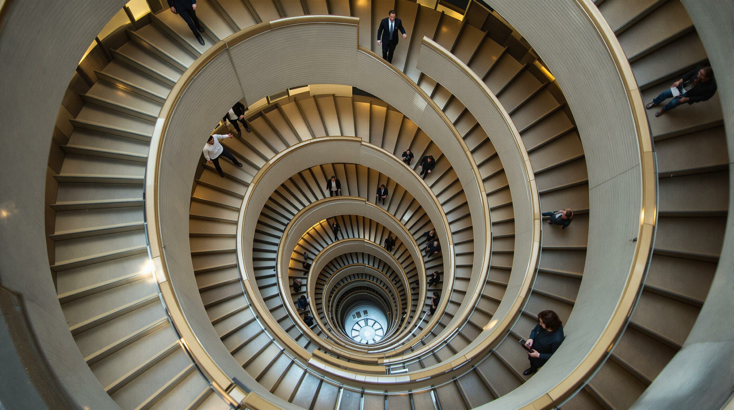 Vue plongeante d'un escalier en colimaçon avec des personnes