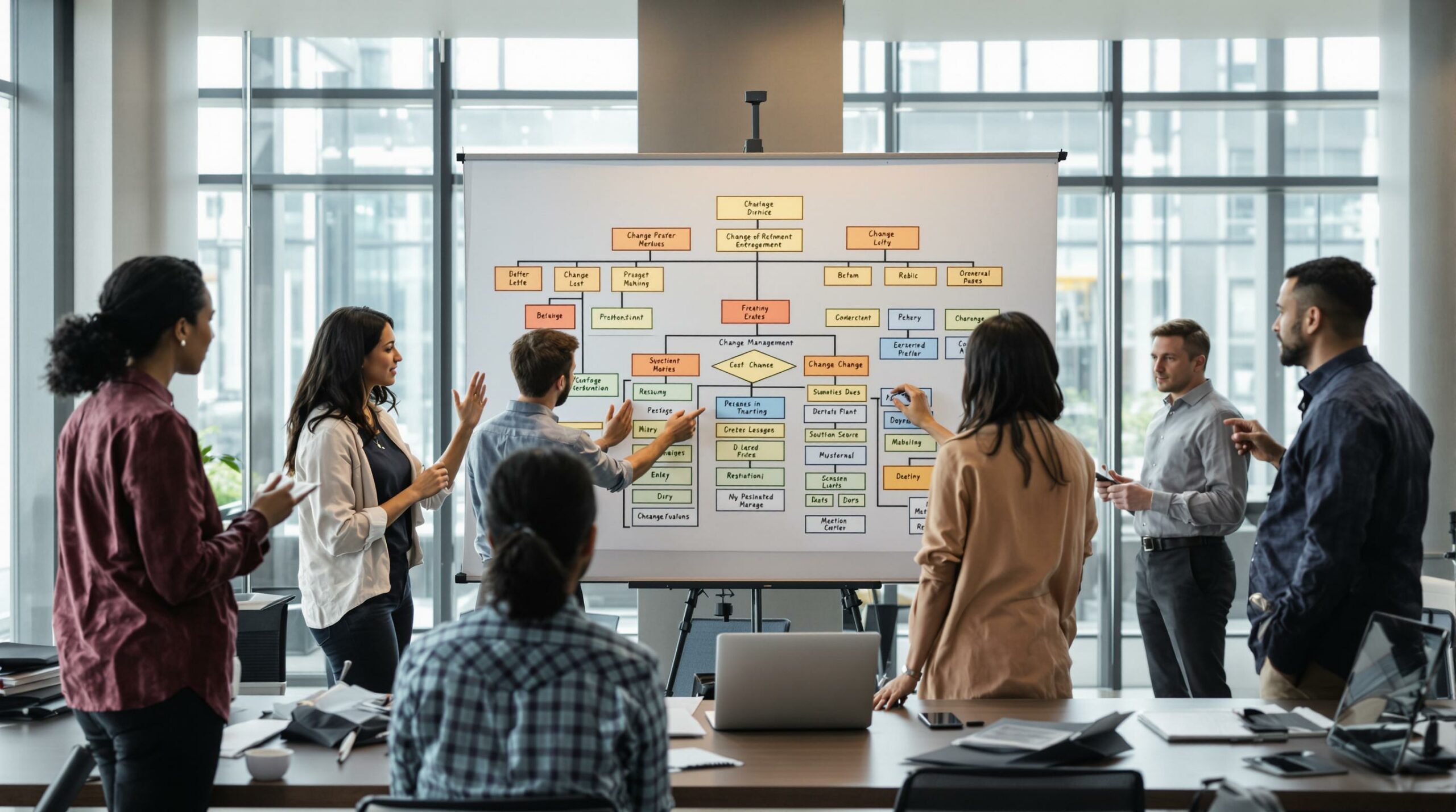 Group of people discussing a flowchart on a whiteboard.