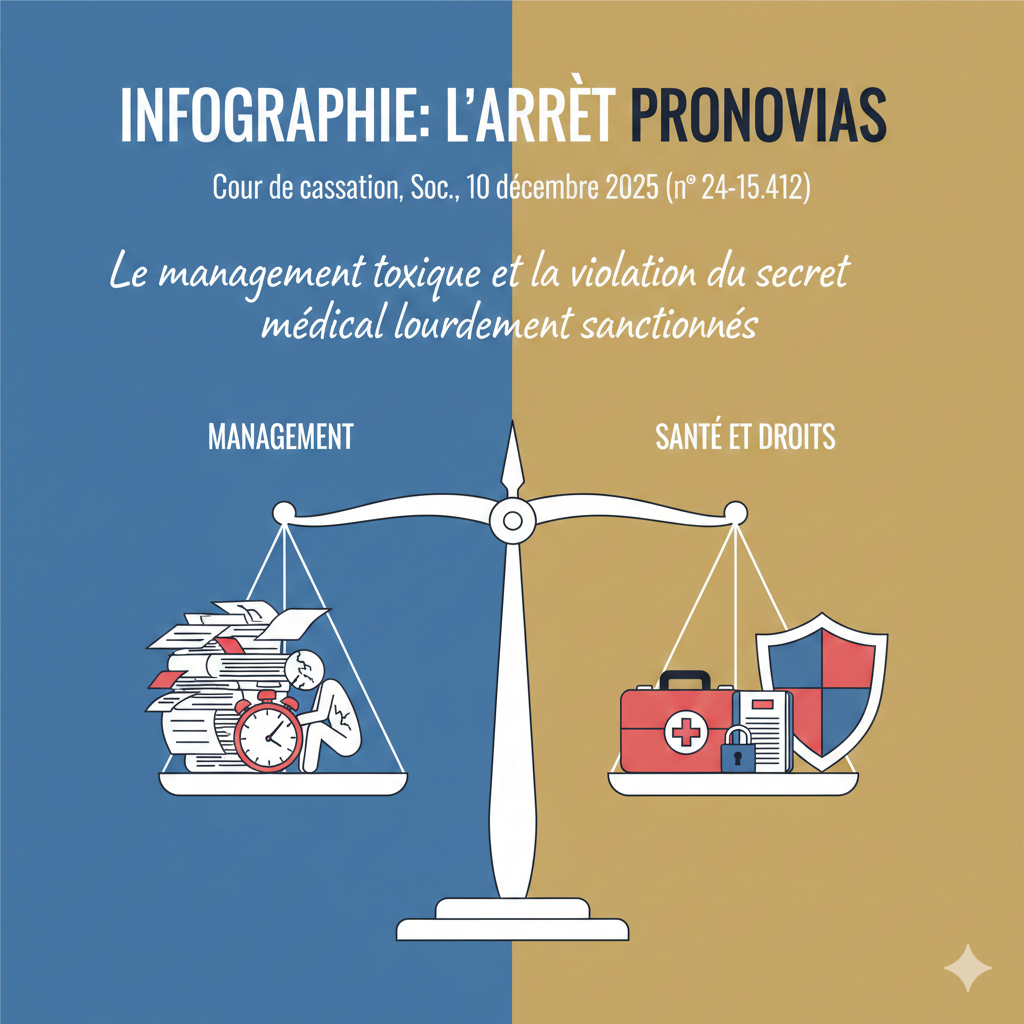 Infographie résumé arrêt Cour de cassation 10 décembre 2025 harcèlement managérial et secret médical